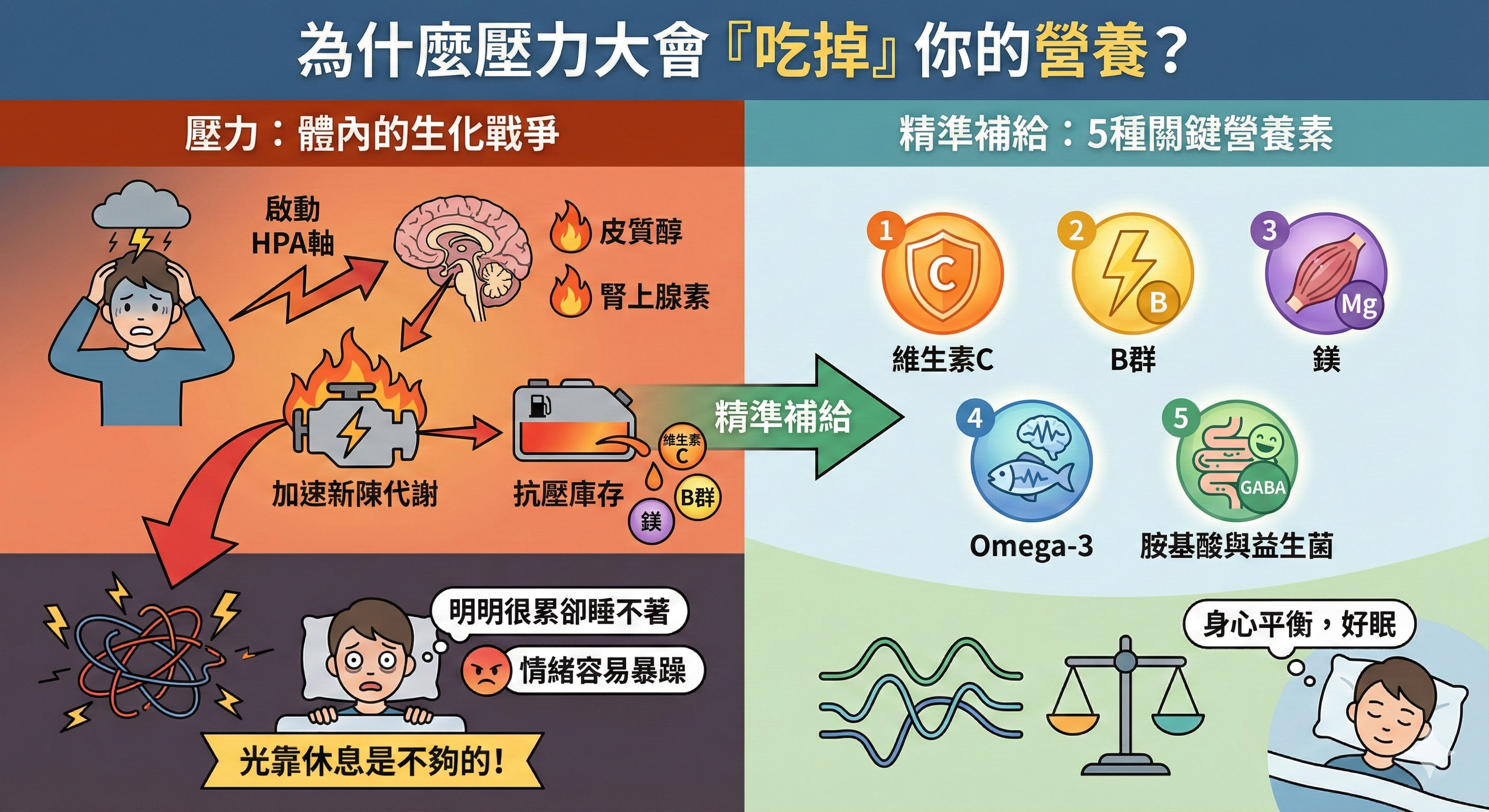 壓力大吃什麼、抗壓保健品、皮質醇過高、腎上腺疲勞、紅景天功效、全素B群、GABA助眠、樂活佳紓壓安錠